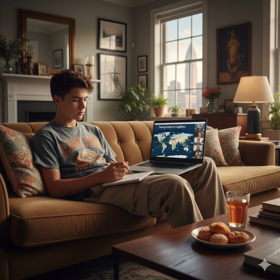 Person sitting on a couch with a laptop, surrounded by a cozy living room. Brightspire Virtual School