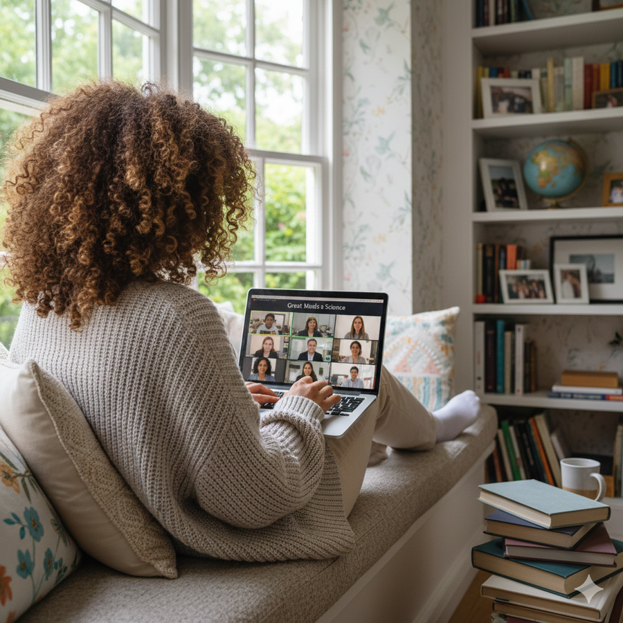 Person sitting on a couch using a laptop in a home setting with books and a globe in the background. Brightspire Virtual School