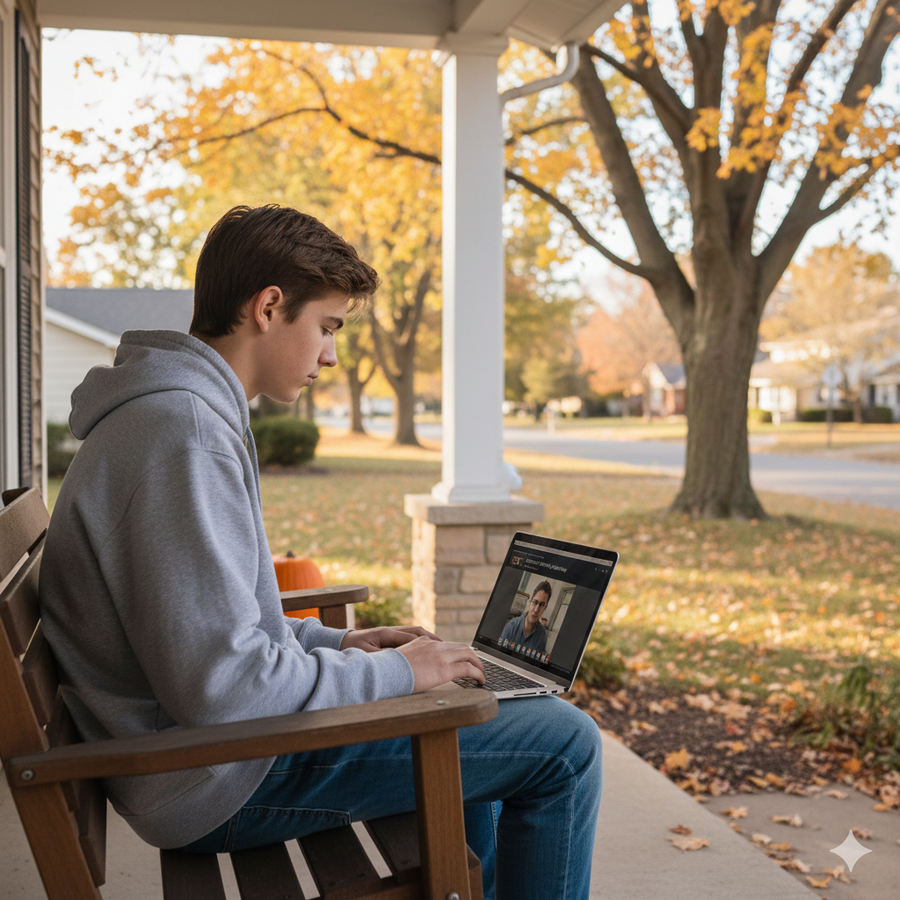 Person using a laptop on a porch with autumn trees in the background Brightspire Virtual School