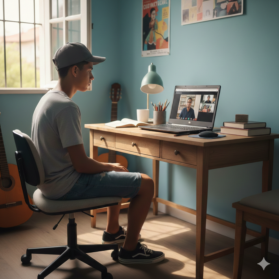 Person sitting at a desk with a laptop in a room with a guitar and books. Brightspire Virtual School
