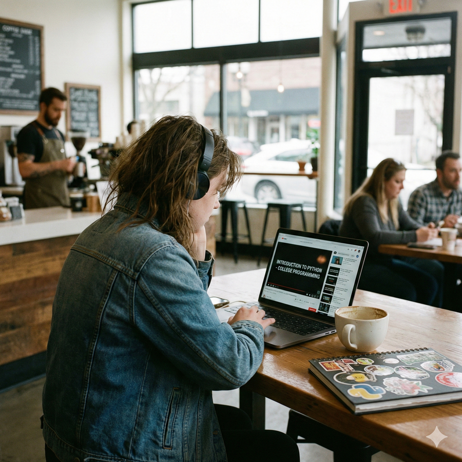 Person working on a laptop in a coffee shop with headphones on Brightspire Virtual School