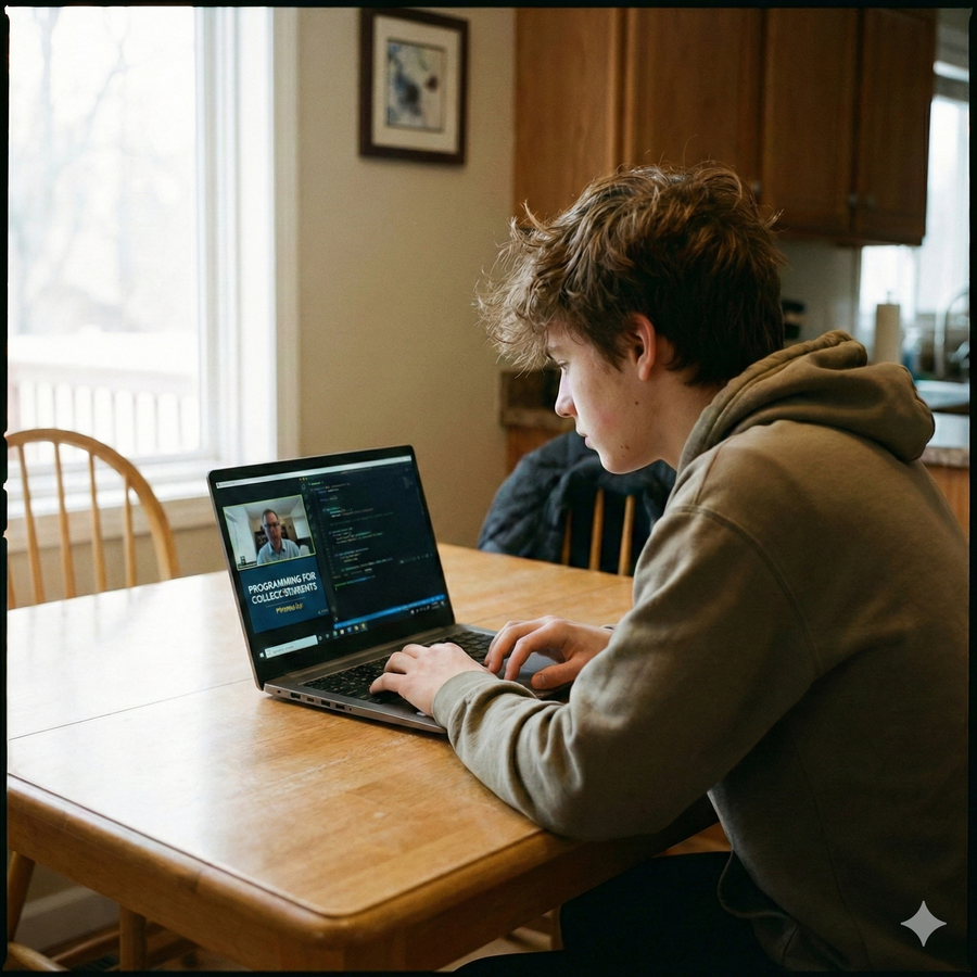 Person using a laptop at a wooden table in a home setting Brightspire Virtual School