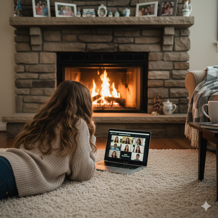 Person sitting in front of a fireplace with a laptop on their lap, participating in a video call Brightspire Virtual School