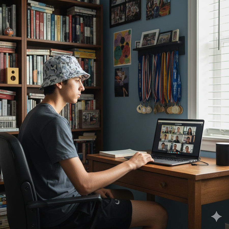 Person sitting at a desk with a laptop in a room filled with books and awards Brightspire Virtual School
