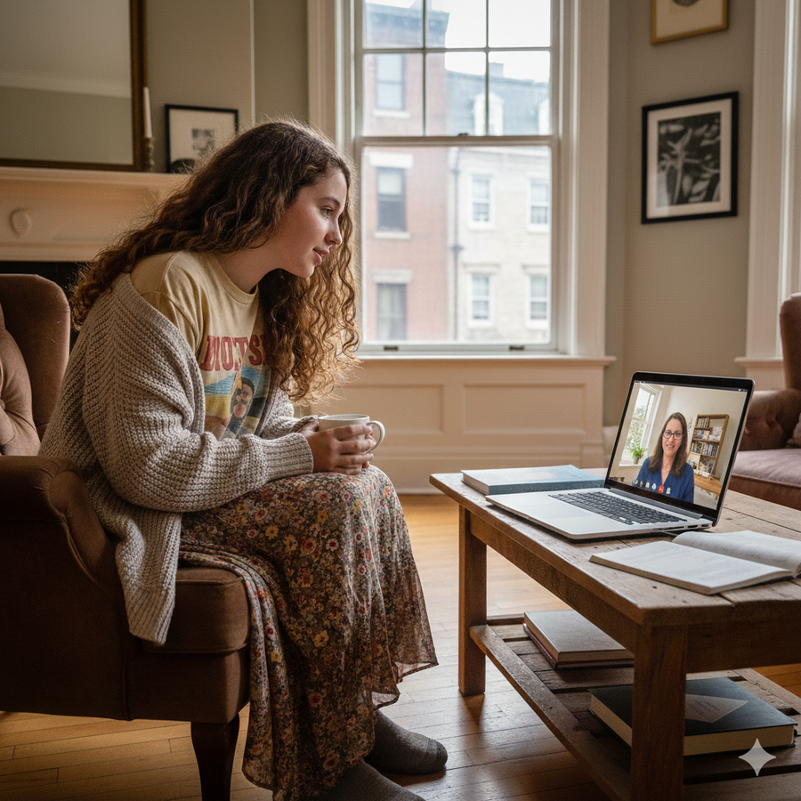 Woman sitting in a cozy living room with a laptop on a coffee table, holding a mug. Brightspire Virtual School