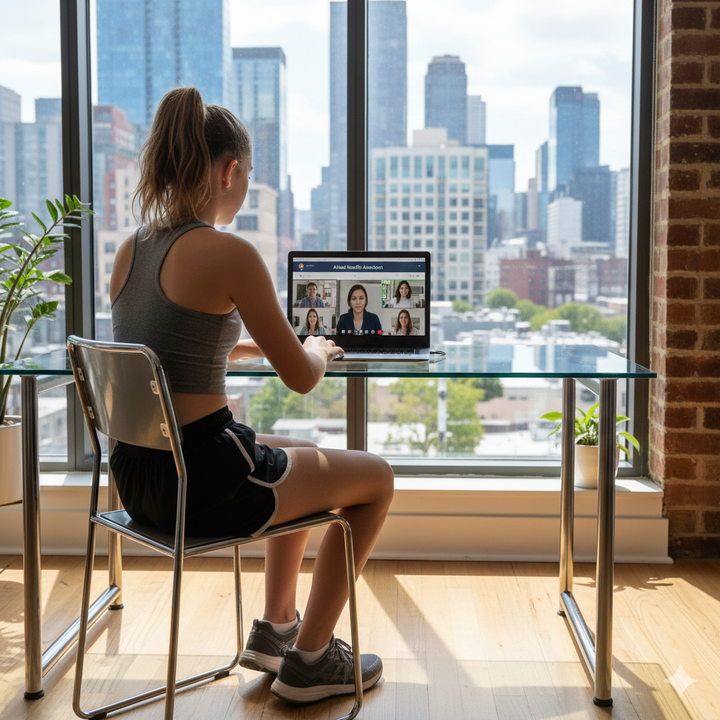 Person sitting at a desk with a laptop in a room with large windows showing a cityscape. Brightspire Virtual School
