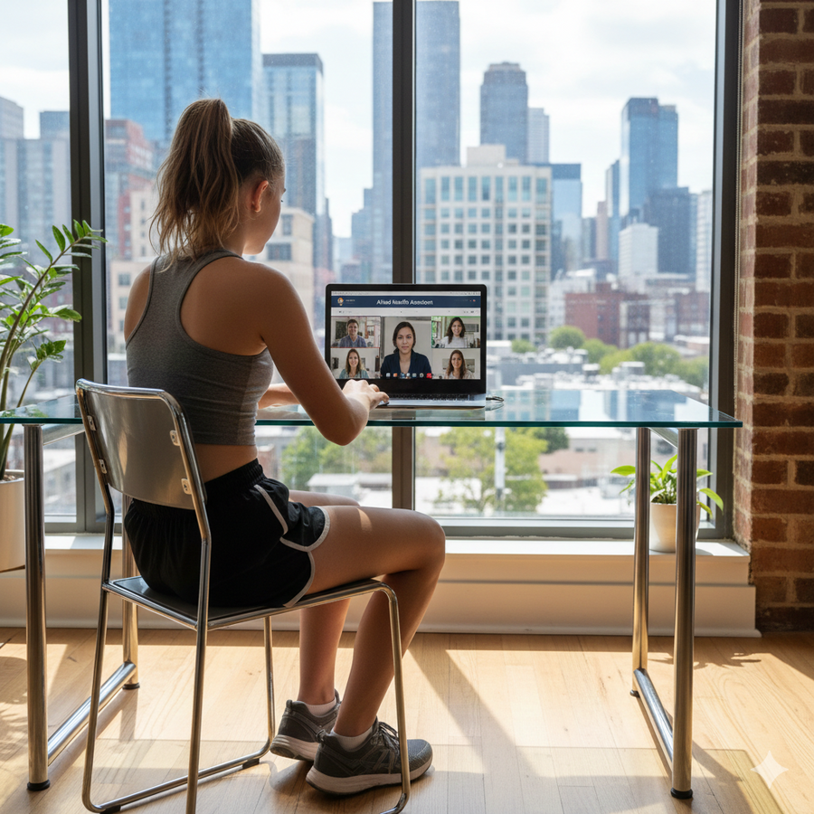 Person sitting at a desk with a laptop in a room with large windows showing a cityscape. Brightspire Virtual School