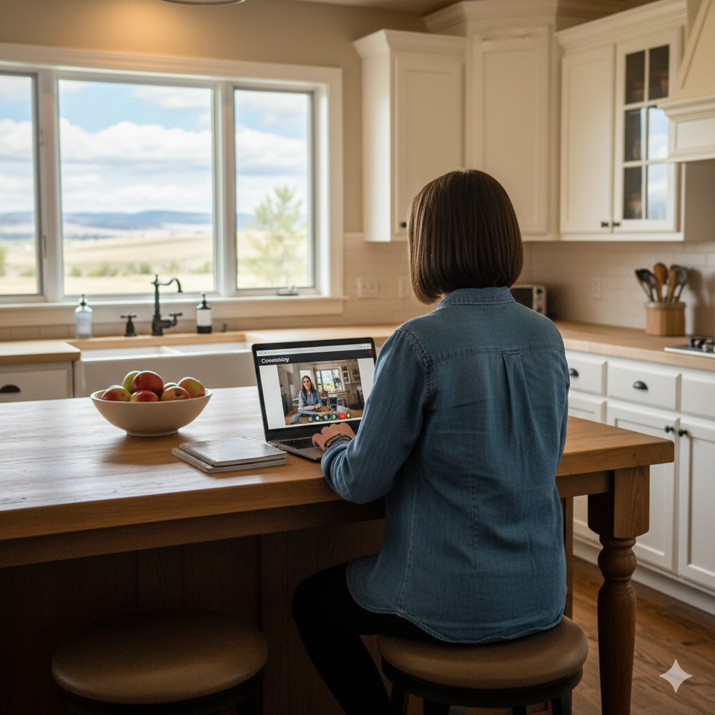 Person sitting at a kitchen table using a laptop with a scenic view outside the window Brightspire Virtual School