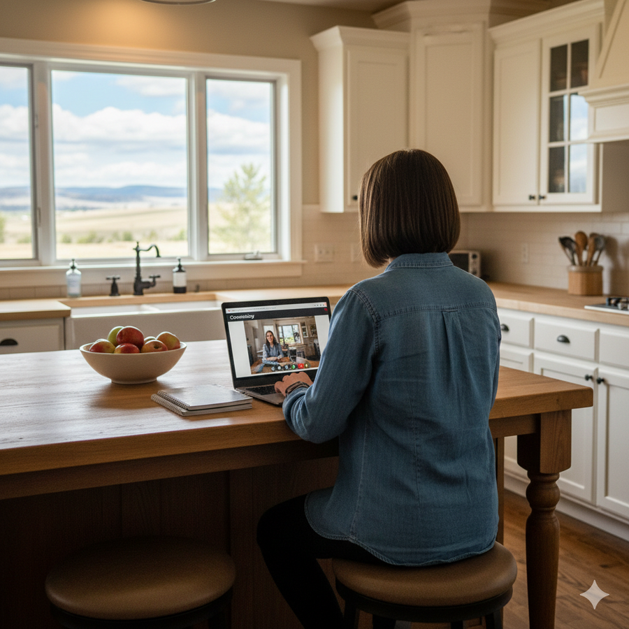 Person sitting at a kitchen table using a laptop with a scenic view outside the window Brightspire Virtual School