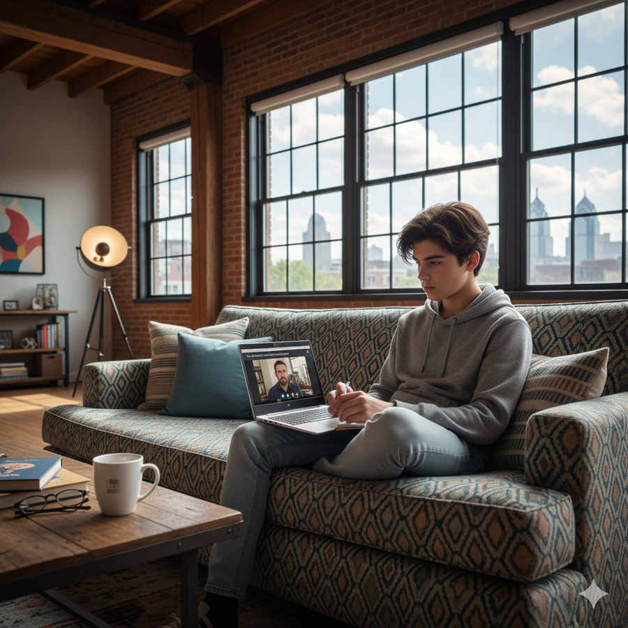 Person sitting on a couch using a laptop in a room with large windows and a cityscape view Brightspire Virtual School