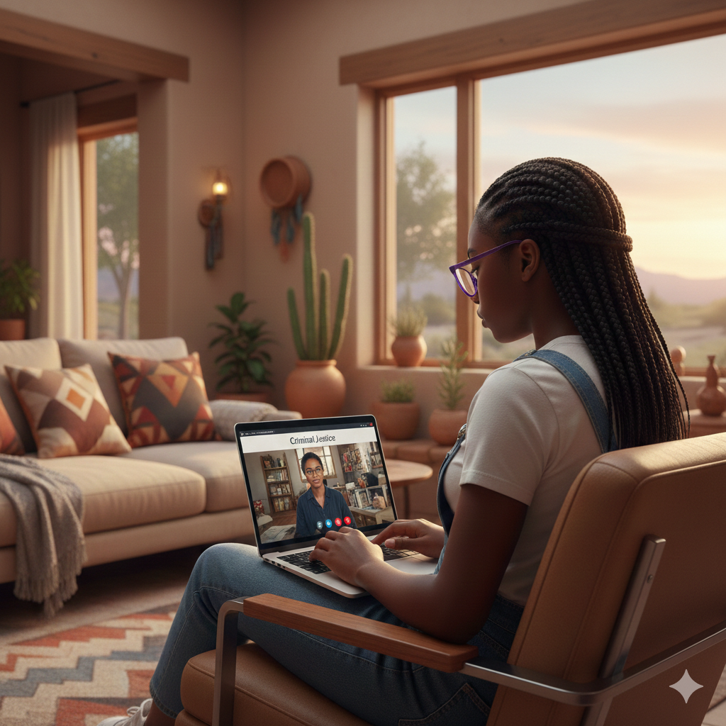 Woman sitting in a cozy living room using a laptop for a video call. Brightspire Virtual School
