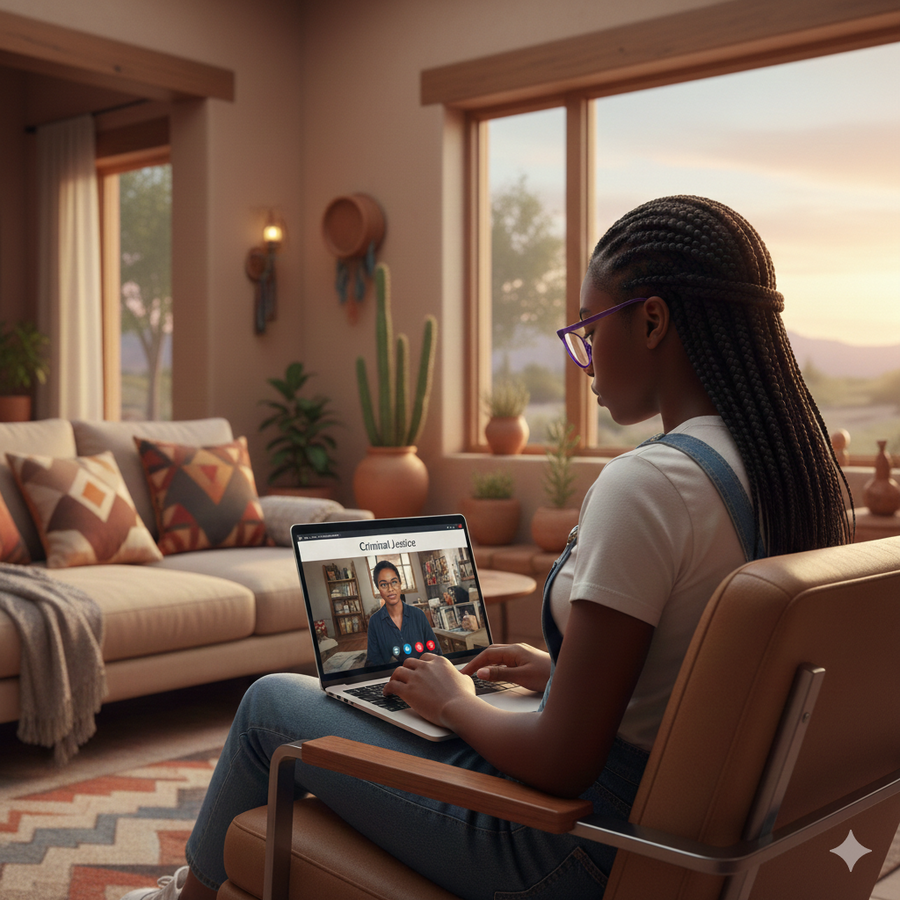 Woman sitting in a cozy living room using a laptop for a video call. Brightspire Virtual School