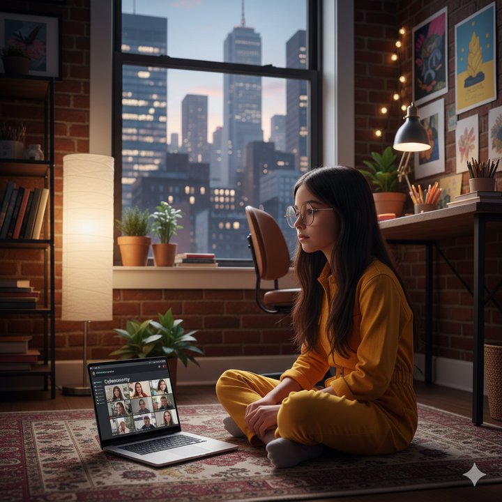 Woman in yellow outfit sitting on a rug in a room with a cityscape view, using a laptop. Brightspire Virtual School