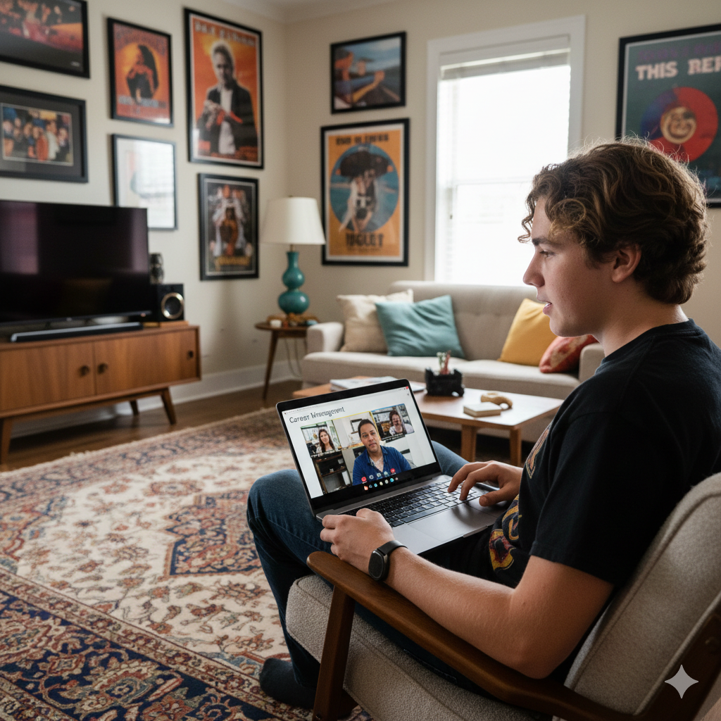 Person using a laptop in a living room with posters on the wall Brightspire Virtual School