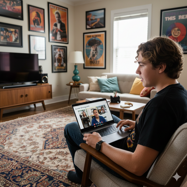 Person using a laptop in a living room with posters on the wall Brightspire Virtual School