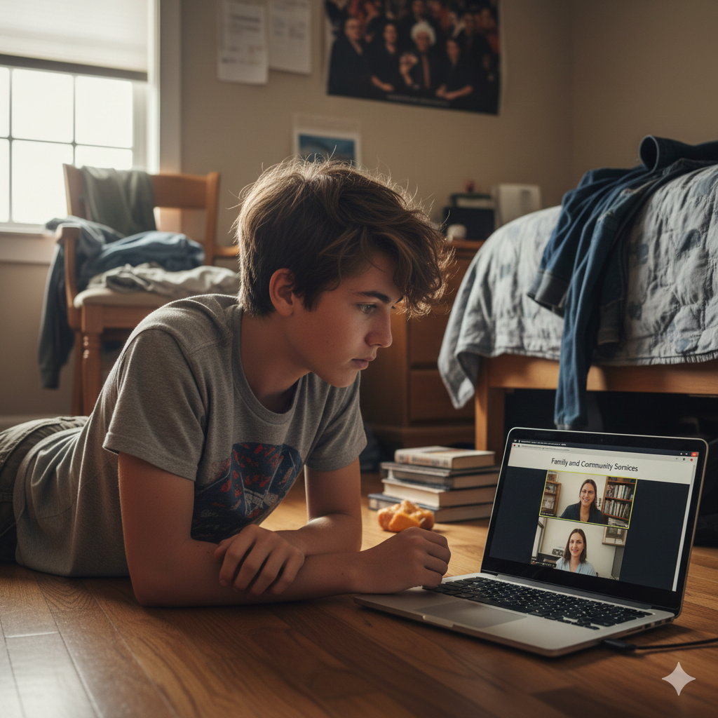 Young person lying on a wooden floor using a laptop in a room with books and a bed. Brightspire Virtual School
