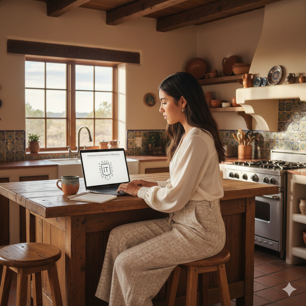 Woman using a laptop in a cozy kitchen Brightspire Virtual School