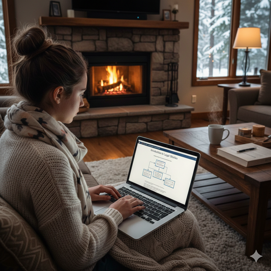 Woman using a laptop in a cozy living room with a fireplace and snowy view. Brightspire Virtual School