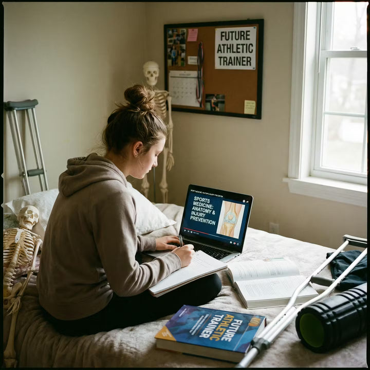 Person studying on a laptop in a room with skeleton models and books. Brightspire Virtual School