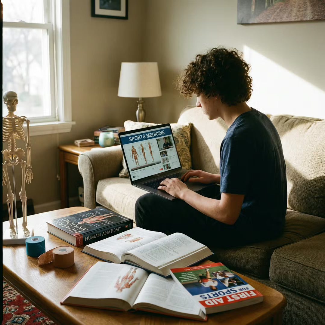 Person sitting on a couch using a laptop with books and a skeleton model in the room. Brightspire Virtual School
