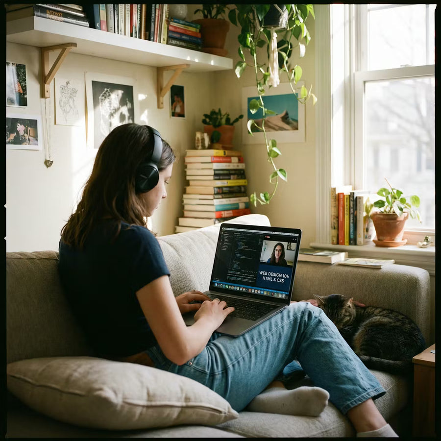 Person sitting on a couch with a laptop and headphones, surrounded by books and plants. Brightspire Virtual School